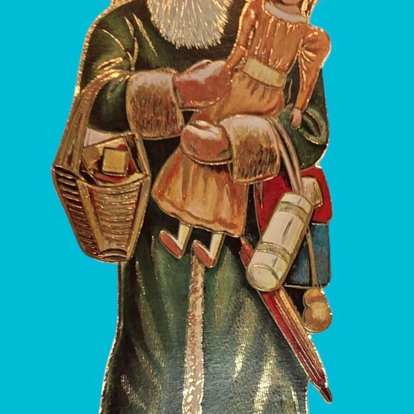 Original Victorian 14.5" Die-Cut Green Robe Santa Claus St Nick Father Christmas - Picture 4 of 10